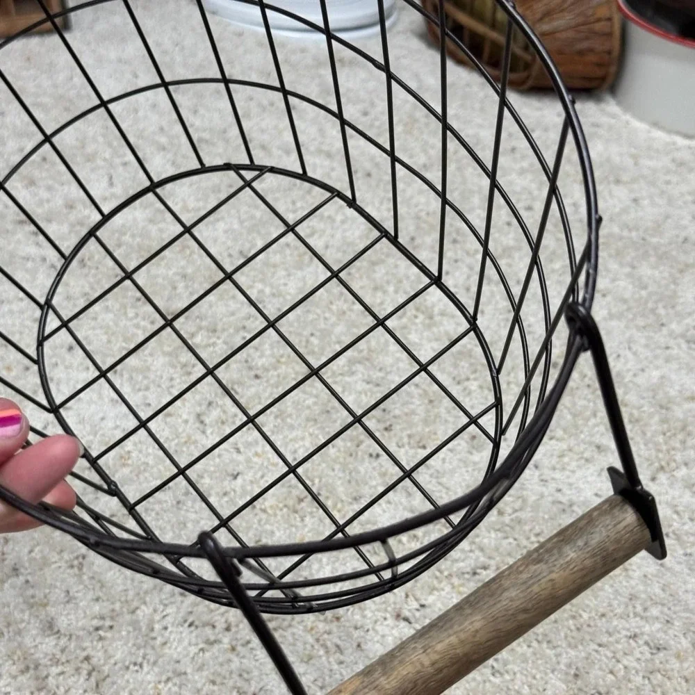 Rustic‎ Oval Metal Wire Basket with Wood Handles Dark Bronze Industrial Storage
